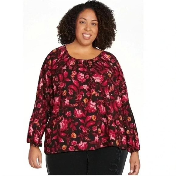 Terra & Sky Red Black Dark Floral Long Sleeve Peasant Blouse Top Sz  2X Women - Picture 1 of 7